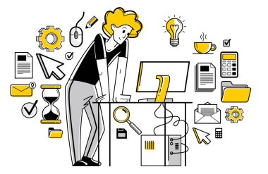 Intellectual worker making analysis of some data on pc or web, data systematization, collecting and analyzing information, vector outline illustration.