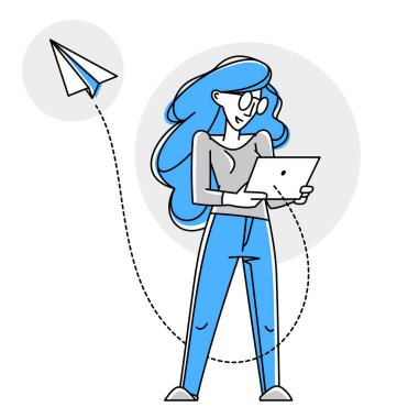 Young person sending message in some messenger or social media online, vector outline illustration, e-mail notification or newsletter, communication technology.