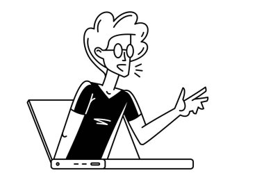 Genç adam çevrimiçi danışman danışman vektör özeti çizimi, uzaktan danışma veya webinar.