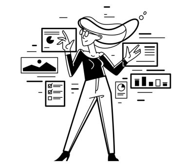 Data systematization, collecting and analyzing information, woman intellectual worker making analysis of some data on pc or web, vector outline illustration.
