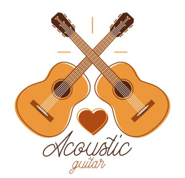 Acoustic guitar vector emblem for festival or concert or player isolated on white, live music theme, logo for musical recording label, instruments shop.
