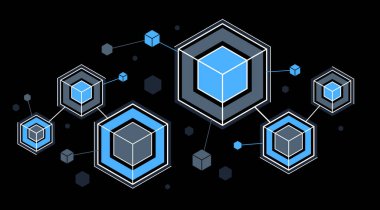 Karanlık, geometrik tasarım doğrusal bağlantı, yazılım ağı sistemi üzerinden bağlı küplerle soyut vektör teknolojisi teması.