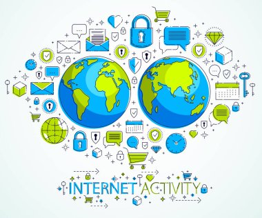 Küresel internet bağlantısı kavramı, farklı simgelere sahip dünya gezegeni, büyük veriler, internet etkinliği, küresel iletişim, vektör, elementler ayrı olarak kullanılabilir.