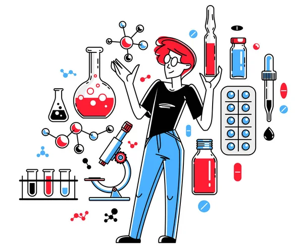 Pharmaceutical Research Vector Illustration Scientist Working New Drugs Medicine Chemist — Stock Vector