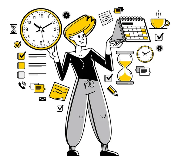 Time Management Vector Outline Illustration Worker Planning Deadline Prioritize Tasks — 图库矢量图片