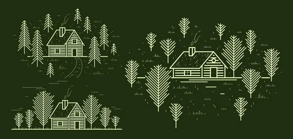 Cabin Woods Pine Trees Linear Vector Nature Illustration Dark Log — Stockvektor
