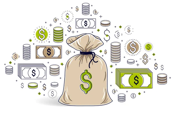 Money Bag Icona Del Dollaro Insieme Progettazione Vettoriale Risparmio Concetto — Vettoriale Stock