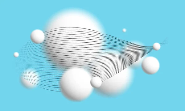 带有粒子波的偏光悬浮球在蓝色 3D球 柔软和容易的未来壁纸上的大气环境矢量背景 — 图库矢量图片