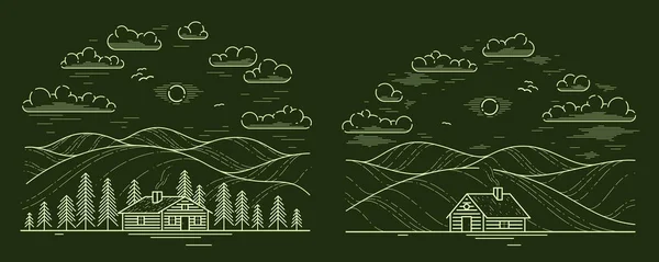 Cabin Grasslands Meadows Pine Trees Linear Vector Nature Illustration Dark — Stock Vector