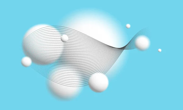 粒子の波の流れベクトルの抽象的な背景を持つ光と柔らかい3D集束球 浮遊中の周囲の白いボールをリラックス 大気壁紙 — ストックベクタ