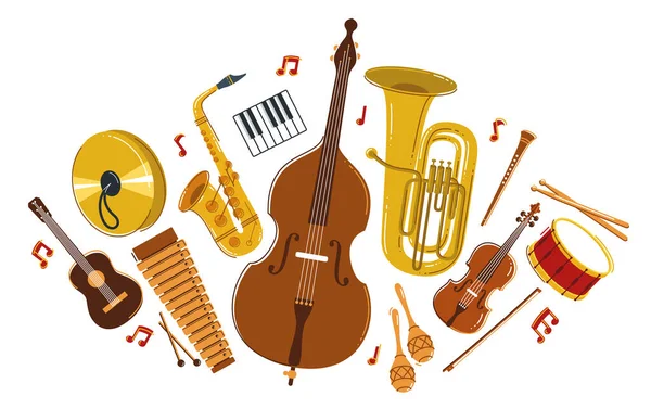 古典音乐乐器的构图矢量平面风格图解独立于白色 古典管弦乐音色 音乐会或节庆 乐器的多样性 — 图库矢量图片