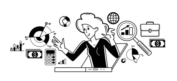 Online Business Finance Consulting Vector Outline Illustration Woman Adviser Instructor — Wektor stockowy