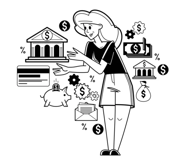 与金融或客户打交道的经理女孩用存款或信贷 个人储蓄管理她的账户 — 图库矢量图片