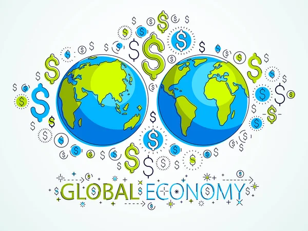 Globální Ekonomika Koncept Planeta Země Dolarovými Ikonami Set Mezinárodní Obchod — Stockový vektor