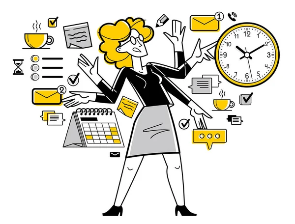 Time Management Vector Outline Illustration Worker Planning Deadline Prioritize Tasks — 图库矢量图片