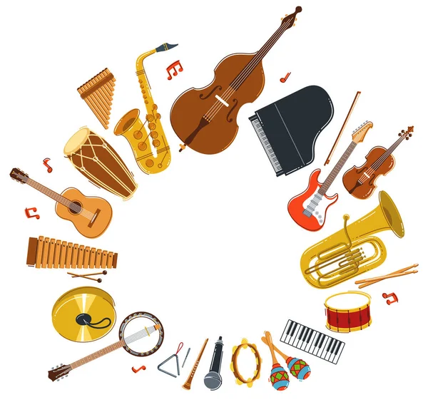 Muziekorkest Verschillende Instrumenten Frame Vector Platte Illustratie Live Geluid Concert — Stockvector
