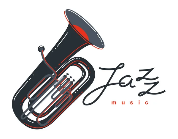爵士音乐标志或徽标矢量平面图形隔离 Tuba标识类型用于唱片标签或录音室或乐队 — 图库矢量图片
