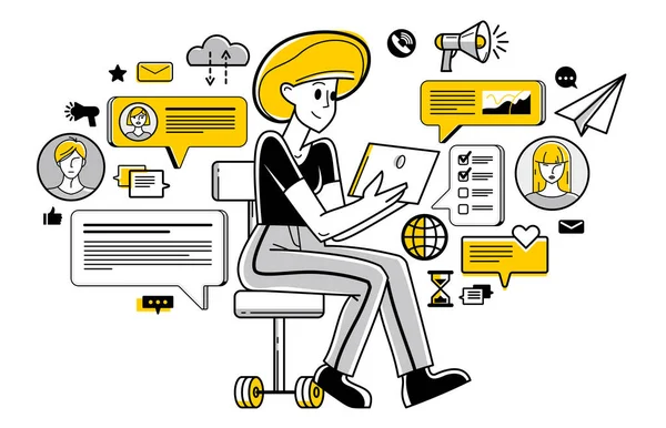 Werken Online Persoon Doet Een Creatieve Job Vector Schets Illustratie — Stockvector