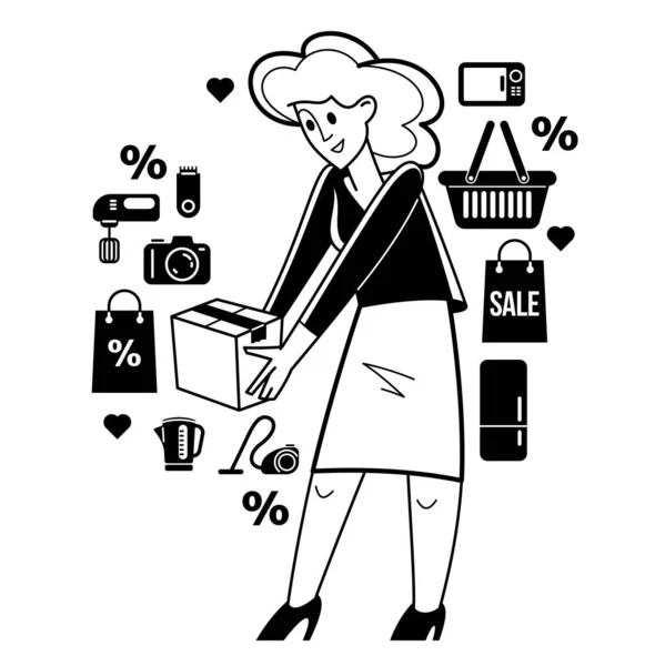Shopping Discount Vector Outline Illustration Store Worker Managing Goods Customer — Stock Vector