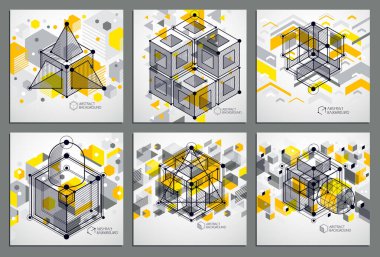 Soyut vektör izometrik sarı arka plan ayarlandı. Mekanik şema, küp ve geometrik mekanizma parçalarıyla vektör mühendisliği çizimi.