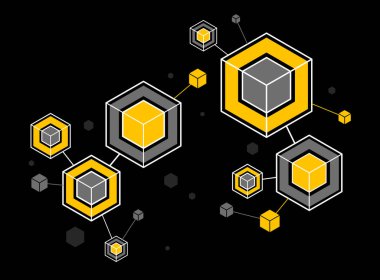 Karanlık, geometrik tasarım doğrusal bağlantı, yazılım ağı sistemi üzerinden bağlı küplerle soyut vektör teknolojisi teması.