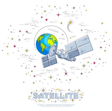 Dünya etrafında uydu uçan yörünge uçuş, güneş panelleri ve uydu anten plakaile iletişim teknolojisi uzay istasyonu, yıldızlar ve diğer unsurları ile çevrili. Vektör.