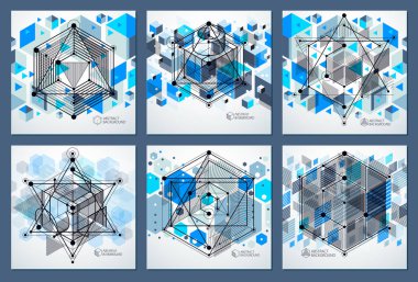 Modern izometrik vektör mavi arka ile geometrik öğe ayarlayın. Küpleri, altıgenler, kareler, dikdörtgenler ve farklı soyut öğeler düzenini. 