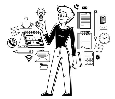 Office worker doing everyday job vector outline illustration, career in company for employee, business and paperwork, manager.