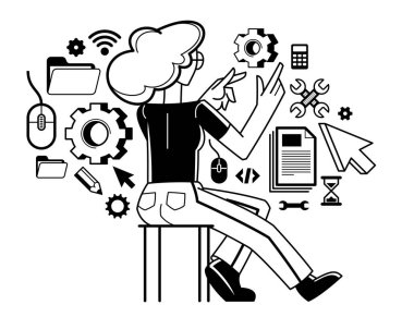 Kadın teknisyen bilgisayar mühendisi pc vektör ana hatlarını onarıyor, sistem çalışmalarını yazılım ve donanım ile düzeltiyor, sistem yöneticisi.