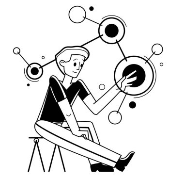 Creative worker doing some job and creating some system, inspired inventive designer or engineer composing abstract elements, vector outline illustration.