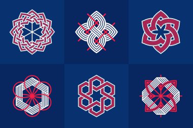 Soyut geometrik doğrusal semboller vektör seti, logo oluşturma için grafik tasarım unsurları, iç içe geçmiş çizgiler vintage biçim simgeleri koleksiyonu.