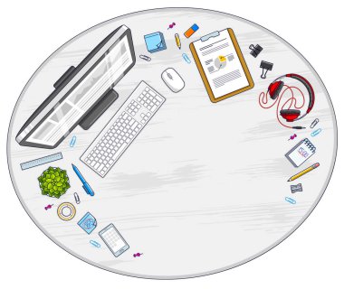 Çalışma masası çalışma masası üst görünümü PC bilgisayar ve bir sürü farklı kırtasiye nesnesi ile metin için kopyalama alanı ile birlikte. Tüm elementleri ayrı ayrı kullanmak ya da resimlemeyi yeniden düzenlemek kolaydır. Vektör.