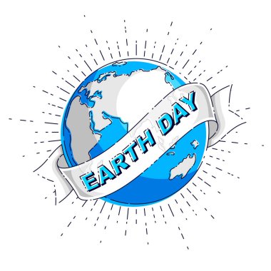 Gezegenimiz Dünya 'yı, ekolojik çevre korumasını, iklim değişikliklerini, Dünya Günü 22 Nisan' ı, kurdeleli ve daktilo vektör amblemli gezegeni veya beyaz arkaplan üzerinde izole edilmiş illüstrasyonları kurtarın..