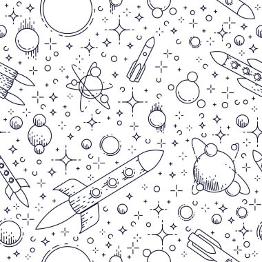 Roketleri, gezegenleri ve yıldızları olan kusursuz uzay arkaplanı, keşfedilmemiş derin kozmos fantastik ve nefes kesici çocuklar için tekstil kumaşı, sonsuz fayans deseni, vektör çizim motifi.
