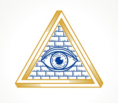 Kutsal geometri üçgeninde, duvarcılık ve illuminati sembolünde, vektör logosu veya amblem tasarım elementinde Tanrı 'nın gözü görülüyor..