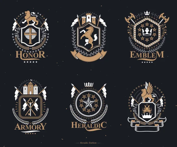 豪華な紋章ベクトルテンプレートのセット グラフィック要素 王室冠 中世の城 軍と宗教的なクロスを使用して作られたベクトル象徴的なブレゾンのコレクション — ストックベクタ