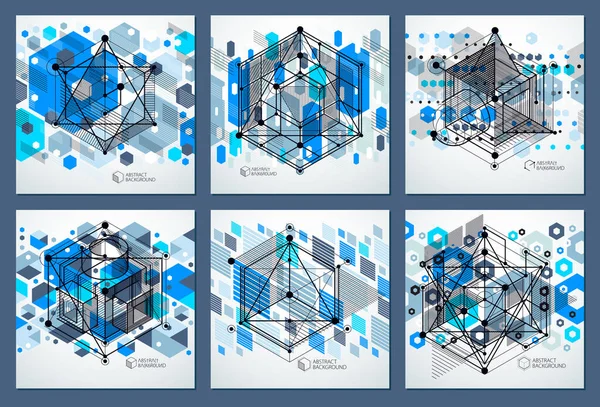 Trend Isometrico Pattern Geometrico Sfondi Blu Set Con Blocchi Luminosi — Vettoriale Stock