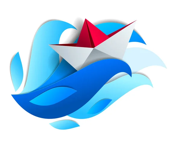 Origami Brinquedo Navio Papel Nadando Ondas Oceânicas Enormes Ilustração Vetorial — Vetor de Stock