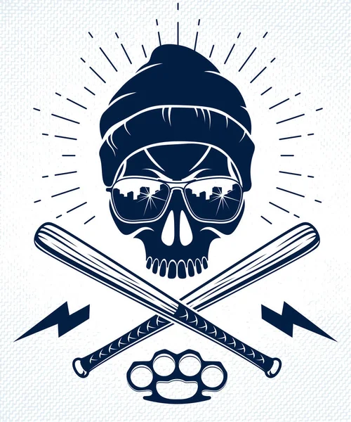 Logo Gangstera Lub Tatuaż Agresywnymi Kijami Baseballowymi Czaszki Elementy Projektu — Wektor stockowy