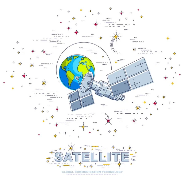 Műholdas Repülő Orbitális Repülés Föld Körül Kommunikációs Technológia Űrhajó Űrállomás — Stock Vector