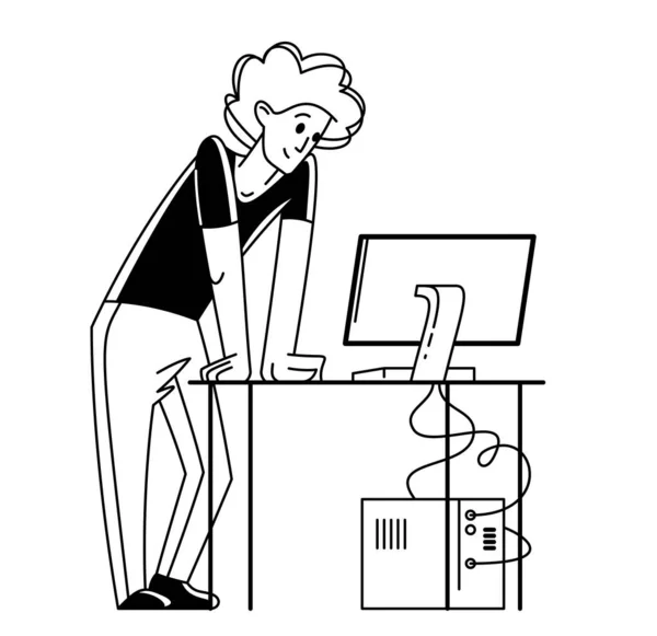 Молодой Человек Работающий Над Иллюстрацией Векторного Наброска Компьютера — стоковый вектор