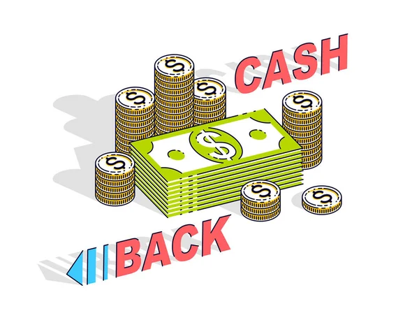 Cash Back Concetto Denaro Contanti Dollari Pile Cent Pile Monete — Vettoriale Stock