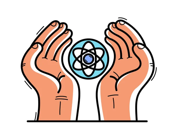 两只手拿着原子图标保护和显示关怀向量扁平的图解 孤立于白色 珍惜和捍卫科学与研究的理念 以原子换和平 — 图库矢量图片