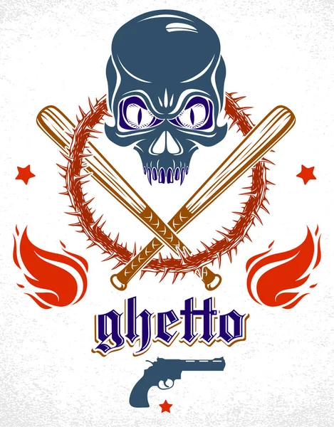 Gangster Emblem Logo Tattoo Aggressive Skull Baseball Bats Other Weapons — Stock Vector