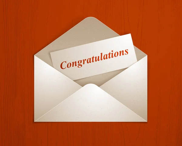 Postal Envelope Congratulations Card Wooden Background Realistic Vector Paper Illustration — Stock Vector