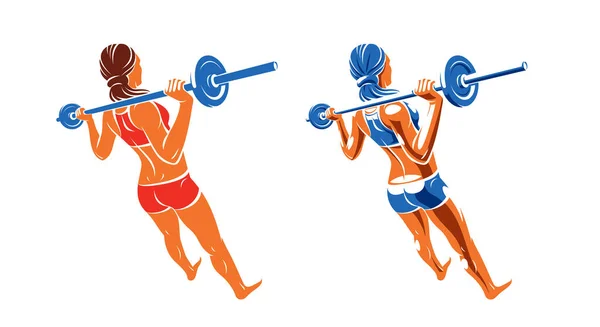 Young Attractive Woman Perfect Muscular Body Training Barbell Vector Illustration — Vettoriale Stock
