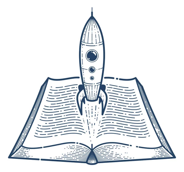 Offenes Buch Mit Raketenvektor Lineares Symbol Raketenstart Aus Text Weltraum — Stockvektor