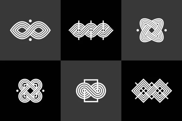 ロゴ作成のためのグラフィックデザイン要素 絡み合ったラインヴィンテージスタイルのアイコンコレクション 抽象的な幾何学的な線形シンボルベクトルセット — ストックベクタ