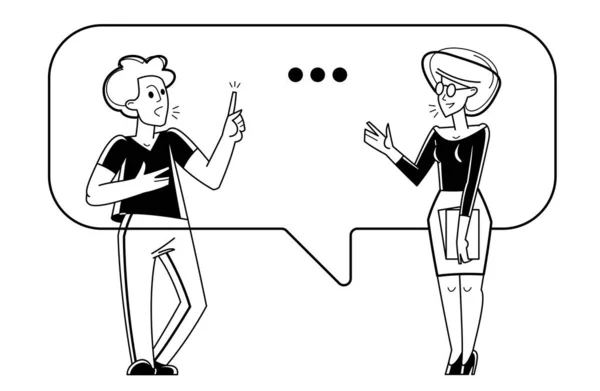 Young Man Woman Having Dialog Work Business Vector Outline Illustration — Stock vektor