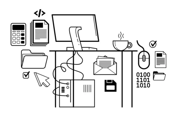 Luogo Lavoro Con Computer Illustrazione Del Profilo Vettoriale Della Scrivania — Vettoriale Stock